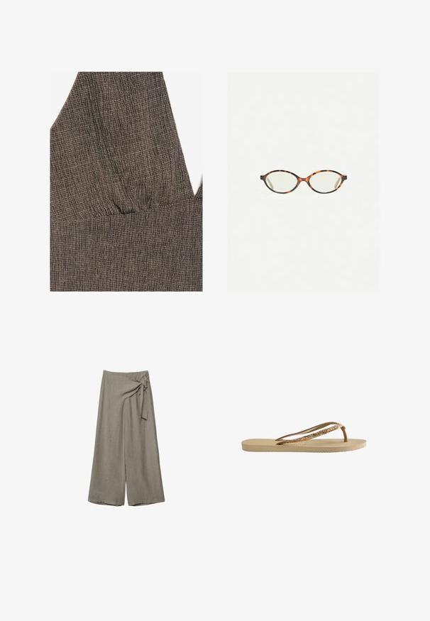 Close-up van bruin stof met een textuur van geruit patroon en een V-hals met subtiele plooien bij het borstgedeelte.; Taupekleurige wijde broek met een hoge taille en een stoffen strikdetail aan de rechterkant.; Tongs met een beige gestructureerde zool, dunne bruine banden en gouden glitters. Lichtgewicht ontwerp geschikt voor casual gebruik.; Kattenoogbril met ovale lenzen en een strakke, gladde afwerking. Heeft dunne zijkanten met een subtiele kromming bij de slapen. Transparante lenzen.