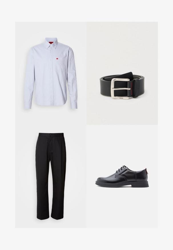 Chemise bleu clair boutonnée, en tissu à texture lisse. Comprend un petit logo rouge sur la poche poitrine et un col à boutons.; Pantalon noir à coupe droite, en tissu léger. Il dispose d'une fermeture à bouton sur le devant et de deux poches latérales ; texture lisse.; Chaussures en cuir noir à lacets avec une texture lisse, un bout arrondi et des détails de couture discrets. Présentent une languette rouge à l'arrière.; Ceinture en cuir noir enroulée avec une boucle rectangulaire argentée ornée d'une petite gravure "HUGO" et un détail de couture rouge près de la boucle.
