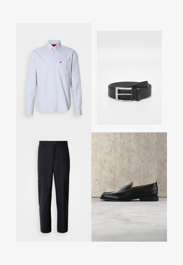 Hellblaues Hemd mit Knöpfen aus Stoff mit glatter Textur. Verfügt über ein kleines rotes Logo auf der Brusttasche und einen Button-Down-Kragen.; Dunkelblaue Hosen aus glattem Stoff, mit geradem Bein-Design, zwei Seiten Taschen und einem Knopfverschluss an der Taille.; Schwarzer Herren-Slipper aus Leder mit einer krokogeprägten Vorderkappe und einem niedrigen Absatz, im Profil vor neutralem Hintergrund gezeigt.; Schwarzer Ledergürtel mit silberner rechteckiger Schnalle, mit "BOSS" graviert, ordentlich aufgerollt auf weißem Hintergrund.