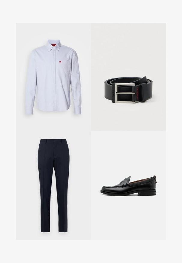 Chemise bleu clair boutonnée, en tissu à texture lisse. Comprend un petit logo rouge sur la poche poitrine et un col à boutons.; Pantalons de costume pour hommes bleu marine sur mesure avec un motif à carreaux subtil, passants de ceinture et pli avant, présentés de face sur fond blanc.; Mocassin homme en cuir noir avec couture moc toe, bride penny, col texturé et petit talon empilé sur fond blanc.; Ceinture en cuir noir enroulée avec une boucle métallique rectangulaire argentée et un détail de couture rouge près de la boucle.