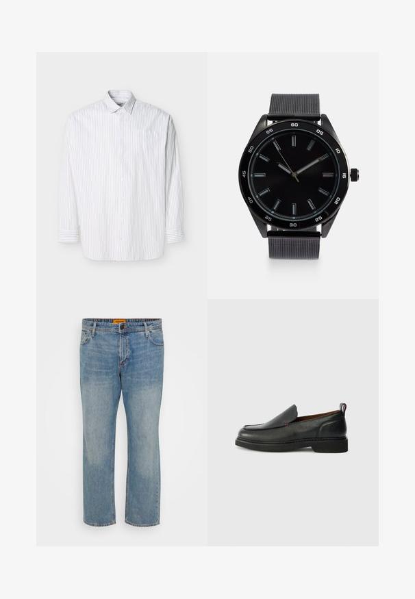 Hvid skjorte med lange ærmer og knapper foran, med tynde lodrette beige striber og en brystlomme, vist fladt på en lys baggrund.; Lyseblå denim jeans med lige ben, der har fem lommer, knaplukning og orange mærke på taljebåndet.; Sorte læder slip-on sko med rund tå, struktureret overdel, kontrasterende rød syning og lav hæl. Funktioner en løkke pull tab.; Sort analog ur med en rund metalcase, sort urskive, luminiscente timemarkører og et struktureret gråtalje. Designet er minimalistisk.