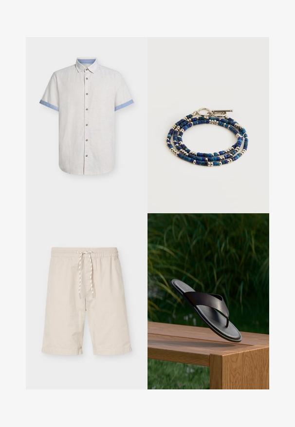 Beige overhemd met korte mouwen, knoopsluiting, en een contrasterende lichtblauwe binnenkraag en manchetten, weergegeven tegen een witte achtergrond.; Beige knielange short met elastische tailleband en witte trekkoorden met zwarte stippen, plat liggend op een witte achtergrond.; Zwarte leren teenslipper zwevend boven een houten bankje met groene bladeren op de wazige achtergrond.; Drievoudige armband met kleine blauwe vierkante en zilveren ronde kralen, voorzien van een zilveren draaisluiting, getoond op een witte achtergrond.
