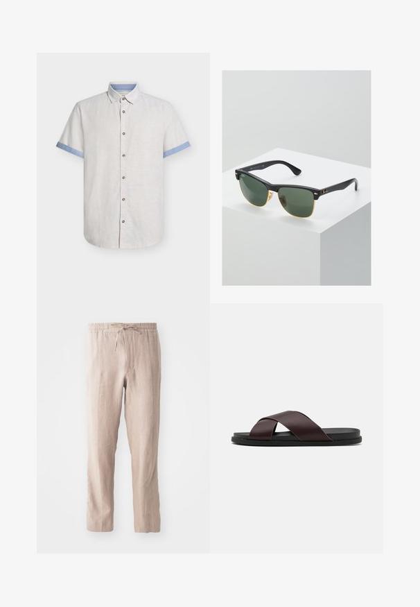 Beigeriippinen lyhythihainen napillinen paita, jossa on kontrastinvärinen vaaleansininen sisäkaulus ja hihansuut, esitetty valkoisella taustalla.; Beige pellavahousut, joissa on elastinen vyötärö ja nauha. Suora lahkeen muotoilu, pehmeä tekstuuri ja minimalistinen tyyli.; Ruskea, ristiremmillä varustettu liukuva sandaali, jossa on matta pinta, litteä musta pohja ja sileä rakenne. Minimalistinen muotoilu ilman näkyvää metalliosaa.; Ray-Ban aurinkolasit, joissa on vihreät linssit, mustat muovikehykset ja kultaiset yksityiskohdat reunoilla. Neliön muoto, jossa on mattapinta.
