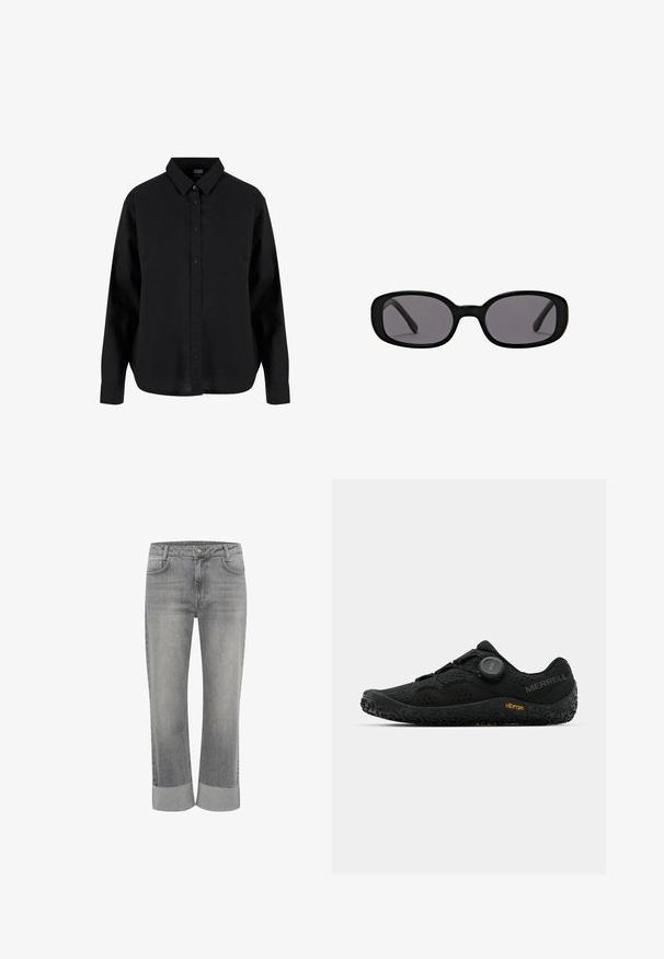 Sort langærmet skjorte med knapper lavet af bomuld, med en klassisk krave, frontknapper og en afslappet pasform med en buet kant.; Grå denim jeans med lige ben, med foldet kant. Klassisk fem-lommestil og lukning med knap foran.; Sort atletiksko med en åndbar mesh-overdel, Boa-snøresystem, tekstureret sort sål og Vibram-branding. Holdbart og let design.; Sorte ovale solbriller med tykke stel og mørke glas vist på en ensfarvet hvid baggrund.