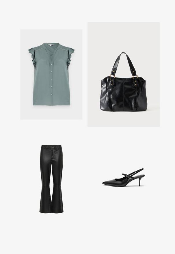 Blouse sans manches couleur turquoise clair avec boutons sur le devant, détails à froufrous aux épaules et bordure en dentelle subtile le long de la partie supérieure de la poitrine et des épaules.; Pantalons évasés en cuir noir avec une texture lisse, dotés d'une fermeture éclair à l'avant, d'un bouton de fermeture et de détails de couture subtils le long des coutures.; Talons aiguilles noires en cuir avec un bout pointu, une fine bride réglable, et un talon aiguille d'environ 5 cm, texture lisse.; Sac à épaule en cuir noir avec double anses attachées par des anneaux et rivets dorés, surface lisse et légèrement brillante, design simple.