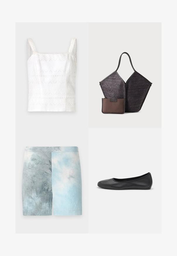 Weißes Baumwoll-Camisole mit dünnen Trägern, das mit gestickten Mustern und Ausschnitten verziert ist. Glatte Textur, taillierte Passform.; Farbblockierte Shorts mit einem Verlauf von hellblauen und grauen Farbtönen. Hergestellt aus weichem Stoff mit glatter Textur und einem Bund.; Schwarze Leder-Ballettschuhe mit abgerundeter Spitze, glatter Textur, minimalen Nähdetails und einem flexiblen Sohlen-Design.; Hereu CALELLA - Shopping Bag - dark brown