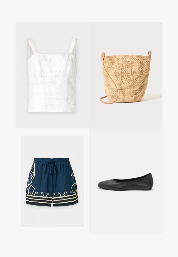 Camisole en coton blanc avec de fines bretelles, ornée de motifs brodés et de découpes. Texture lisse, design ajusté.; Short bleu marine avec des volutes décoratives beige et des rayures, taille élastiquée et cordon de serrage à l’avant.; Ballerines en cuir noir avec un bout rond, texture lisse, détails de couture minimalistes et design de semelle flexible.; Sac seau en paille tressée avec motif texturé et bandoulière en cuir, présenté debout sur un fond clair uni.