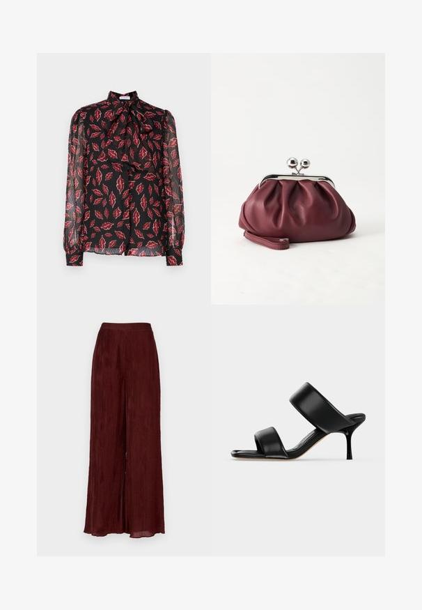 Hofmann Copenhagen NOLA - Blusa - kiss me red; Pantalones de pierna ancha en burdeos, fabricados en un tejido texturizado con plisados verticales. Presentan una cintura alta y un dobladillo que llega hasta el tobillo.; Sandalia mule de cuero negro con dos tiras anchas y un tacón de aguja delgado de altura media sobre un fondo claro y sencillo.; Pequeño bolso de mano de cuero burdeos con cierre metálico plateado y correa de muñeca sobre un fondo blanco.