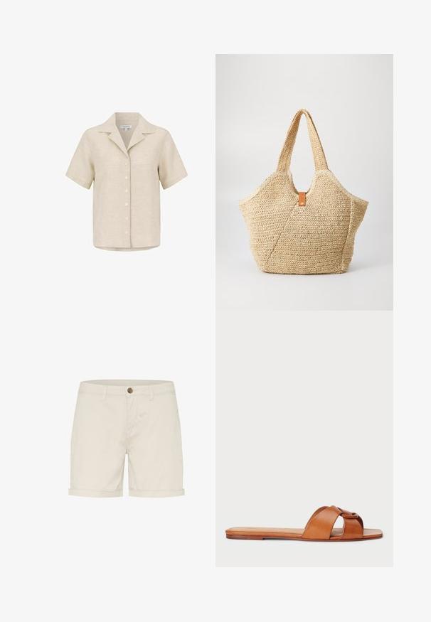 Beige kortærmet skjorte med knaplukning og krave, lavet af linnedstof, vist på hvid baggrund.; Lys beige bomuldsShorts med knaplukning, foldede manchetter og sidelommer. Glat tekstur og skræddersyet design for komfort.; Brune lædersandal med flad sål, der har to krydsede stropper. Glat overflade med minimal syning og afrundede kanter.; Stor stråtask med en tekstureret, beige yderside og to brede håndtag. Har et læderbånd som lukning.