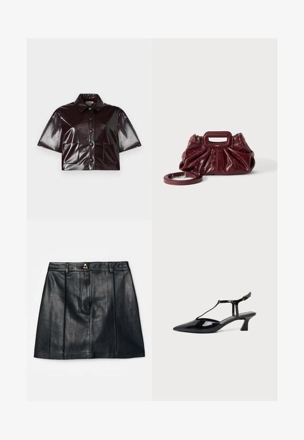 Kortærmet, cropped skjorte i mørk burgunder lakeret materiale med krave, frontknapper og to påsyede lommer.; AERON RUDENS SKIRT - A-snit nederdel - black; Sort lakeret læder damesko med lav hæl, slingback, spids tå og tynd rem med lille spænde.; Lille mørkerød læderhåndtaske med opsamlet struktur, rektangulært håndudskåret håndtag og aftagelig skulderrem på hvid baggrund.