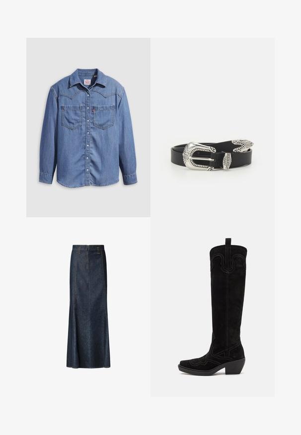 Lichtblauw denimshirt met een puntkraag, twee borstzakken en drukknopen. Voorzien van een westernstijl yoke-ontwerp.; Denim midi-rok in donkerblauw met een strakke taille, zichtbare stiksels en een rechte pasvorm. Voorzien van een rits aan de voorkant en zakken.; Zwarte suède cowboylaarzen tot op de knie met puntige neuzen, decoratieve stiksels en een zware hak. Heeft een lus aan de achterkant.; Zwarte leren riem met een grote zilveren metalen gesp met ingewikkelde details en decoratieve accenten aan beide uiteinden.