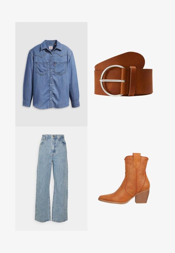Lyseblå denimskjorte med spidst krave, to brystlommer og trykknapper. Har et western-inspireret stykke på skuldrene.; Lyseblå vidde denimjeans med høj talje, frontknap, lynlås og femlomme-design på ensfarvet baggrund.; Salinyang SALINYANG - Cowboy- / bikerstøvlette - braun; Brun læderbælte med et bredt, glat rem, der har en rund sølvmetalspænde og en syet løkke.