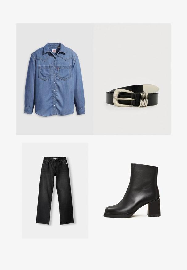 Hellblaues Jeanshemd mit spitzem Kragen, zwei Brusttaschen und Druckknöpfen. Verfügt über ein Western-Stil Rückenpasse-Design.; Bershka Jeans Straight Leg - mottled dark grey; Schwarze Leder-Ankle-Boots mit runder Zehenform, klobigem Blockabsatz und minimalistischem Design. Sie verfügen über eine glatte Textur und dezente Nähte.; Schwarzer Ledergürtel mit einer silberfarbenen Metallschnalle, die eine gebogene Kante und drei horizontale Rillen aufweist. Glatte Textur, rechteckige Form.