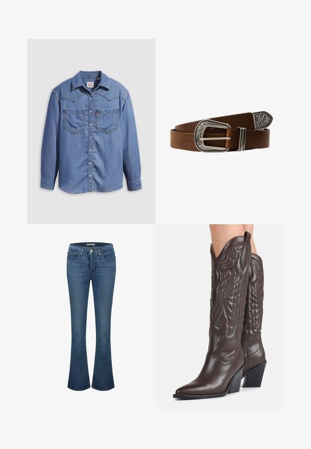 Lyseblå denimskjorte med spidst krave, to brystlommer og trykknapper. Har et western-inspireret stykke på skuldrene.; Blå denim flare jeans med en mid-rise talje, har stikninger, to frontlommer og en baglomme.; Mørkebrune læder cowboystøvler til knæene med spidse tæer, dekorativ syning og skrå blokhæle, båret af en person.; Brun læderbælte med en udsmykket sølvspænde, der har indgraverede mønstre. Læderet har en glat tekstur med en poleret finish.