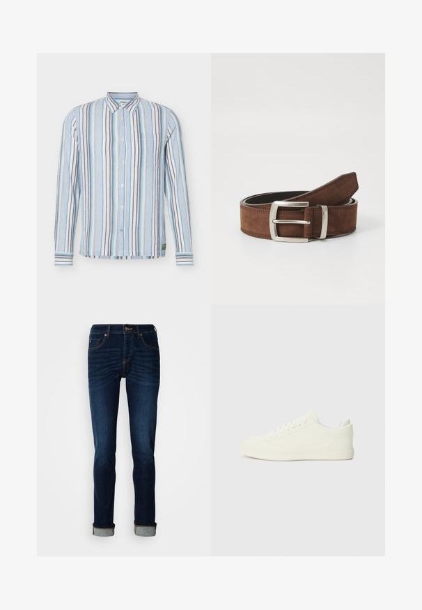 Langærmet skjorte med knapper, med lodrette striber i blå, hvid, grå og lys turkis, med krave og brystlomme.; Dunkelblå jeans med lige ben, lynlås, og opkrøllede kanter. Fremstillet af denim med let falmende farve og kontrastfarvede syninger.; Hvide sneakers med en glat overflade, rund tå og traditionel snøring, med et minimalistisk design og gummisål.; Brun ruskindsbælte med en sølvmetalspænde og linær syning. Bæltet er fladt og har en klassisk bredde og form.
