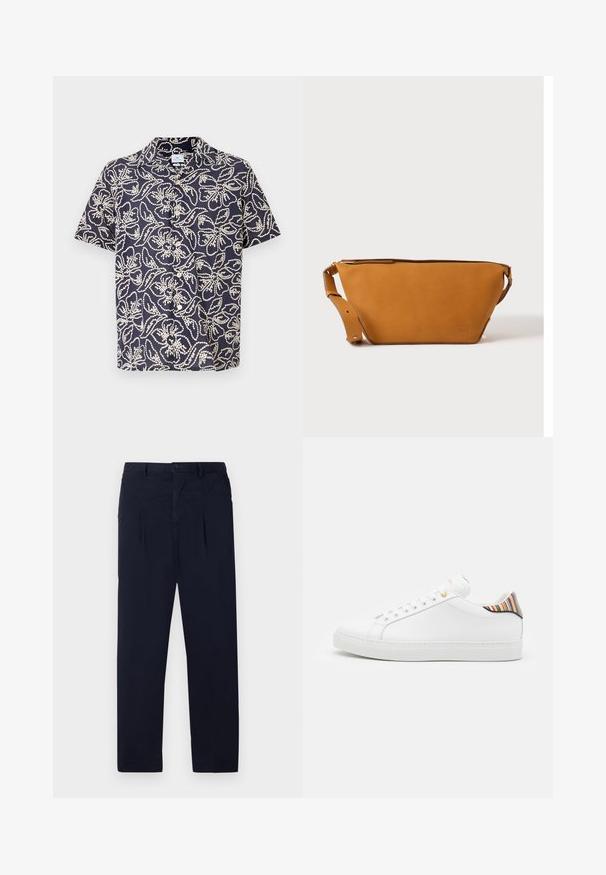 Camisa de manga corta en tejido azul marino con estampado floral blanco, con cierre de botones en la parte delantera y cuello clásico. Material ligero y transpirable.; Pantalones azul marino hechos de una tela ligera que cuentan con un frente plano, dos pliegues y un cierre de botón estándar en la cintura.; Zapatilla de cuero blanca con un acabado suave, que presenta un acento de rayas coloridas en el talón, ojal dorado y suela plana blanca.; Bolso bandolera de cuero marrón claro con correa ajustable y cierre de cremallera, mostrado sobre un fondo claro y liso.