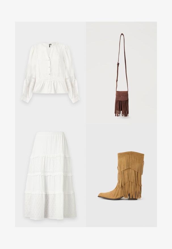 Blouse blanche à manches longues avec panneaux en dentelle, fermeture boutonnée devant, col rond, taille froncée et épaules bouffantes sur fond uni.; Jupe midi blanche à volants avec panneaux alternés unis et en dentelle à œillets, avec un léger volant aux coutures.; Botte mi-mollet en daim couleur beige avec franges superposées et talon bloc empilé, vue de profil sur un fond uni.; Sac bandoulière en suède marron avec longue sangle, motif décoratif cousu sur le rabat, et franges pendantes le long du bord inférieur.