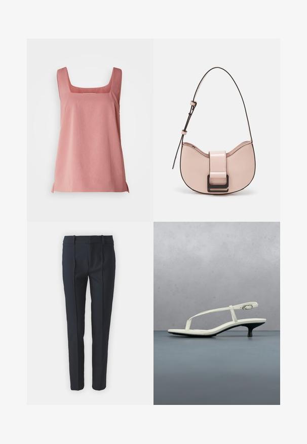 Top sin mangas de color rosa con escote cuadrado, hecho de una tela ligera, que presenta un corte amplio y aberturas laterales para facilitar el movimiento.; Pantalones de corte ajustado en azul marino con una textura suave, que presentan pliegues frontales, pasadores para cinturón y un diseño de pierna recta, fabricados con un tejido ligero.; Sandalia blanca de tacón kitten con tiras y punta afilada, flotando sobre un suelo de baldosas de madera al aire libre, con un fondo desenfocado de plantas y pared.; Pequeño bolso de piel rosa curvado con un acabado brillante, que presenta una correa de acento negra y un gran cierre de broche negro. Diseño cruzado.