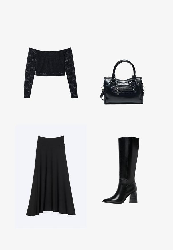 Schwarzes Off-Shoulder-Oberteil aus Spitze, mit langen Spitzenärmeln und einer taillierten, cropped Form. Filigranes Blumenmuster auf dem gesamten Stoff.; Schwarzer hoch taillierter A-Linien-Rock mit breitem Bund, ausgestelltem Saum und glatter Stoffstruktur, dargestellt auf einem einfarbigen hellen Hintergrund.; Knöchelhohe schwarze Lederstiefel mit spitzem Schuhkopf, glatter Textur und einem stabilen, profilierten Blockabsatz. Schlankes Design mit minimalen Akzenten.; Schwarze glänzende Lederhandtasche mit zwei Griffen, vorderer Reißverschlusstasche und abnehmbarem Schulterriemen auf weißem Hintergrund.