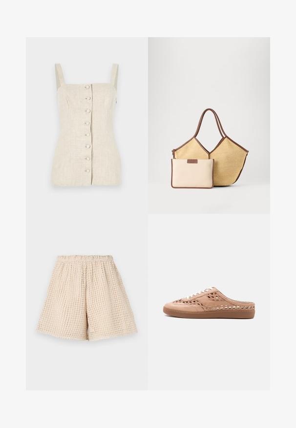 Beige linen ærmeløs top med en figursyet design, frontknaplukning og tekstureret stof. Har lige skulderstropper.; Beige shorts med et tekstureret, vaffelmønster. Elastisk talje og løs pasform. Længde til midten af låret. Letvægtsmateriale.; Beige slip-on sneaker med flettet læderdetalje, hvide snørebånd og en flad brun gummisål på en ensfarvet baggrund.; Beige vævet taske med brune kanter og håndtag, ledsaget af en mindre beige pung med brune kanter og lynlås.