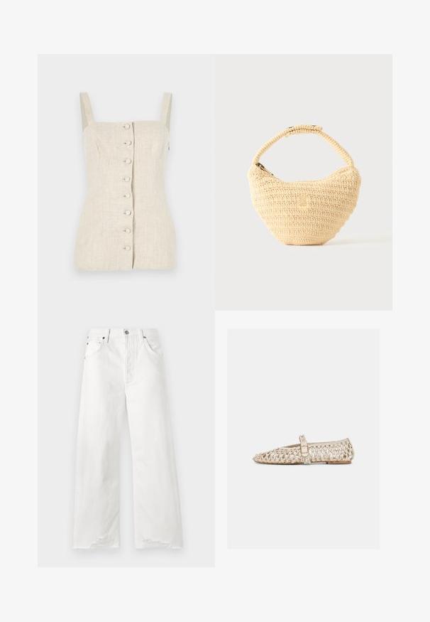 Beige linen ærmeløs top med en figursyet design, frontknaplukning og tekstureret stof. Har lige skulderstropper.; Hvide vide jeans lavet af denim, med høj talje, forlommer og flæser på kanten.; Beige vævet flad sko med spids tå og justerbar spændestrop, med åbent gitterdesign og lav hæl.; Beige vævet håndtaske med afrundet krop, lynlås, og en kort, tyk strop i en enkel, tekstureret hæklestil.