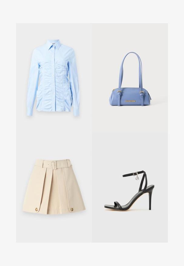 Camisa de manga larga azul claro con cuello abotonado, que presenta volantes verticales en la parte delantera y un diseño ajustado. Tejido de mezcla de algodón.; Falda de plisado beige con una cintura ajustada, amplios lazos para cinturón y botones decorativos en el dobladillo. Confeccionada con una tela suave y ligera.; Sandalia de tacón alto negra con una estrecha correa en el tobillo, punta cuadrada, material de cuero liso y detalle de hebilla metálica.; Bolso rectangular azul claro con dos tirantes largos, hebillas doradas, cremallera superior y logotipo "LOVE MOSCHINO" en letras doradas en el frente.