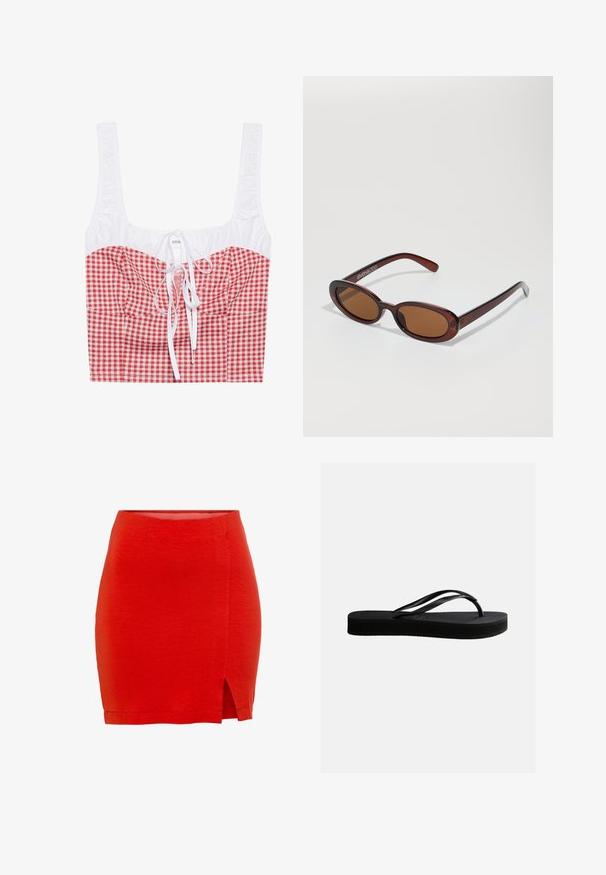 Rød og hvid ternet cropped top med en rynket hvid overdel, firkantet udskæring og justerbart bindebånd foran. Materialet er en bomuldsblanding.; Rød strikket nederdel med en tætsiddende pasform, der har en sideslids og en kant, der sidder lige over midt-lår. Glat tekstur, enkel konstruktion.; Sort gummiflipflop med tekstureret sål og Y-formet rem, vist i sideprofil mod en ensartet lys baggrund.; Runde, bruntonede solbriller med en glansfuld bordeauxramme. Slanke arme med diskret brandingdetalje. Flad linsedesign.
