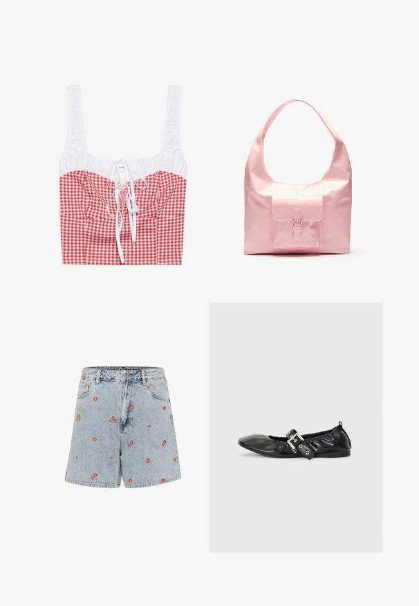 Rot-weißer karierter Crop-Top mit gerafftem weißen Oberteil, quadratischem Ausschnitt und verstellbarem Bindeband vorne. Aus Baumwollmischung.; Hellblaue Jeansshorts mit roter Blumenstickerei. Sie verfügen über eine hohe Taille, Fronttaschen und einen geraden Schnitt.; Schwarze Leder-Ballerinas mit spitzem Zehenbereich, gerafften Details am Schaft und einem silbernen Schnallenakzent am verstellbaren Riemen.; Rosa Handtasche mit glänzendem Finish, großer Schulterriemen, Fronttasche mit dekorativem Schnallendetail. Glatte Oberfläche, minimalistisches Design.