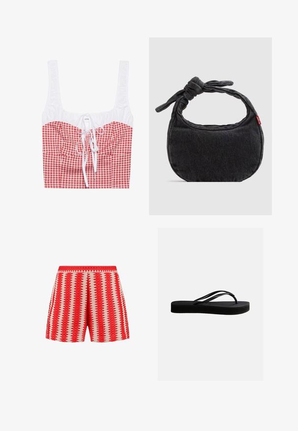 Top corto a cuadros rojos y blancos con parte superior fruncida blanca, escote cuadrado y lazo ajustable en el frente. Material de mezcla de algodón.; Pantalones cortos rojos con una tela texturizada con rayas verticales blancas y un patrón en forma de concha. Cintura elástica y diseño de corte holgado.; Chancla negra de goma con suela texturizada y correa en forma de Y, mostrada en vista lateral sobre un fondo liso y claro.; Bolso pequeño de hombro de mezclilla negra con correa anudada y cierre de cremallera, con una etiqueta de tela roja de Levi's en el lateral.