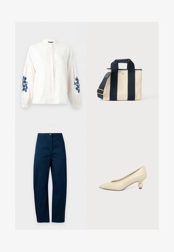 Witte blouse met lange mouwen, knoopsluiting aan de voorkant, geplooide mouwen en blauwe bloemenborduursels op beide mouwen.; Marineblauwe broek met een recht model, voorzien van een sluiting met een knoop aan de voorkant, twee zijzakken en een gladde, gestructureerde stofafwerking.; Dames schoen in roomkleur met een puntige neus en een lage, ronde balvormige hak op een effen achtergrond.; Kleine beige canvas draagtas met twee brede zwarte verticale banden, een kort handvat en een verstelbare schouderriem met een gouden gesp.