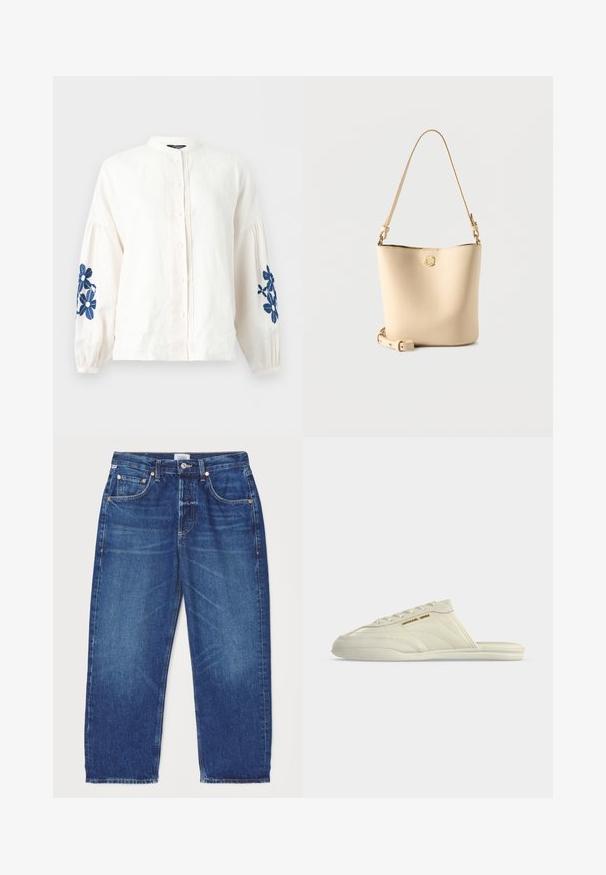 Witte blouse met lange mouwen, knoopsluiting aan de voorkant, geplooide mouwen en blauwe bloemenborduursels op beide mouwen.; Citizens of Humanity DAHLIA IN CLAREMONT - Relaxed fit jeans - dark-blue denim; Crèmekleurige instap-sneaker met veterdetail, Michael Kors-logo aan de zijkant en lage gevoerde zool, zijaanzicht.; Beige leren bucketbag met bovenhandvat en afneembare schouderriem, voorzien van een klein gouden circulair logo op een effen achtergrond.