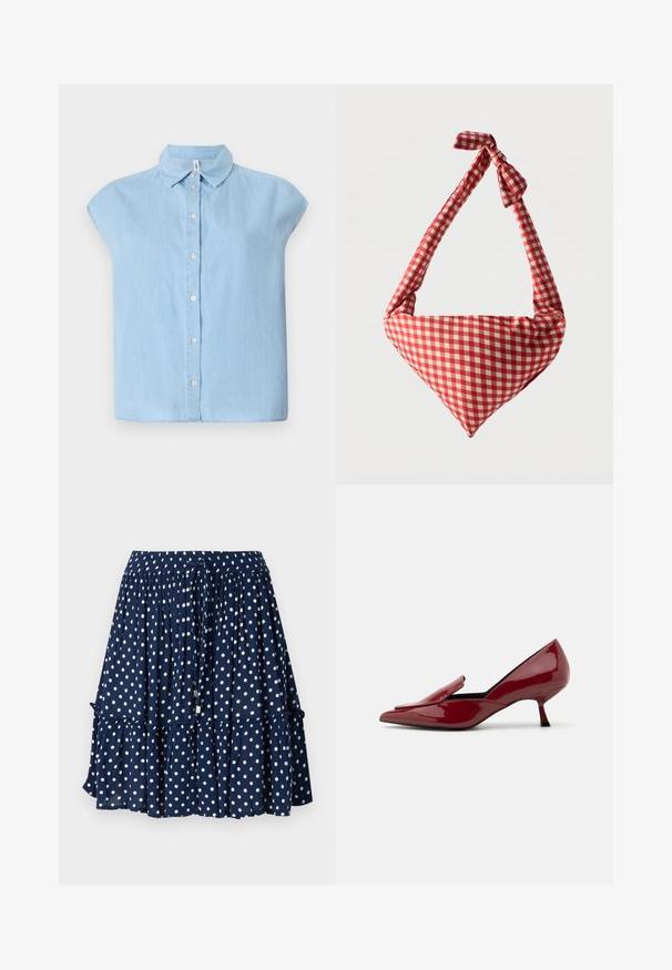 Chemise en denim à manches courtes de couleur bleue, avec un col classique et une fermeture à boutons sur le devant, offrant une coupe décontractée et un ourlet plat.; Jupe bleu marine à pois blancs, avec un ourlet volants et une taille élastique dotée d'un cordon de serrage pour un ajustement réglable.; Talons escarpins en cuir verni rouge avec un bout pointu, un design sans lacets, et un petit talon aiguille. Texture lisse avec une silhouette élégante.; Sac d'épaule en tissu doux à motif à carreaux rouges et blancs, poignée nouée et forme triangulaire sur un fond uni.