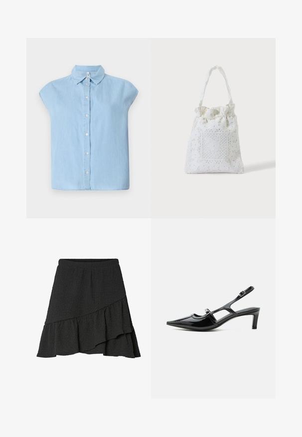 Chemise en denim à manches courtes de couleur bleue, avec un col classique et une fermeture à boutons sur le devant, offrant une coupe décontractée et un ourlet plat.; Jupe portefeuille noire à texture, avec ourlet asymétrique à volants et taille élastique.; Chaussure slingback en cuir verni noir à bout pointu, petit talon et deux brides réglables avec boucles, vue de profil latéral.; Sac cabas en tissu blanc avec broderie florale en dentelle et anse supérieure froncée, présenté sur un fond clair uni.