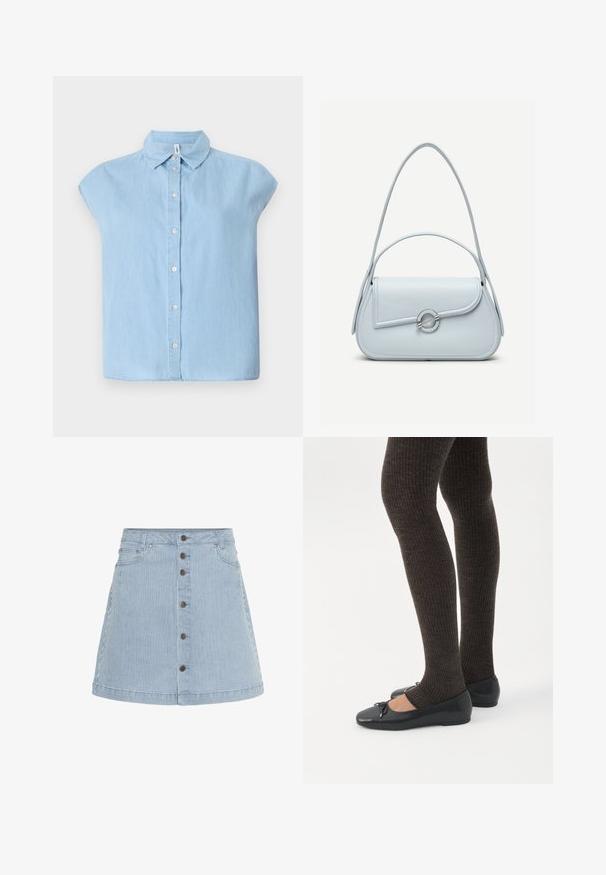Sininen lyhythihainen nappipaita, joka on valmistettu farkkukankaasta. Paidassa on klassinen kaulus ja edessä nappisulku, sekä rento leikkaus ja tasainen helma.; Vaqueros de mezclilla en azul claro con rayas blancas. Tiene un cierre de botones en la parte delantera, dos bolsillos laterales y un dobladillo acampanado.; Jalat, joissa tummat ribbineuleiset leggingsit yhdistettynä mustiin balettitossuihin, joissa on pienet rusettikoristeet valkoisella taustalla.; Vaaleansininen nahkainen käsilaukku, jossa on pyöreä läppä, hopeinen pyöreä lukko ja kaksi olkahihnaa yksiväristä taustaa vasten.