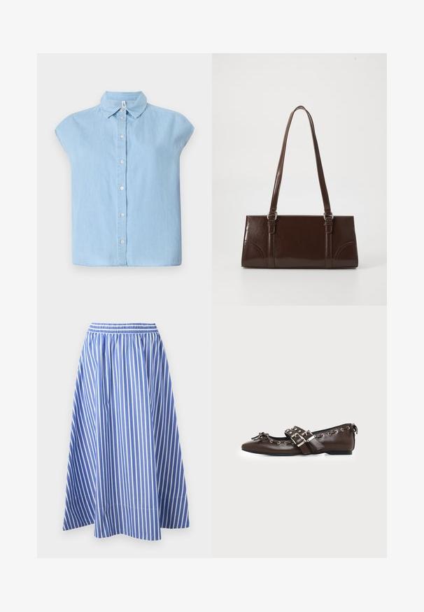 Blauwe korte mouwen knoopjesoverhemd gemaakt van denim stof, met een klassieke kraag en een knoopsluiting aan de voorkant, in een ontspannen pasvorm en met een rechte zoom.; Blauw-wit gestreepte rok, met een elastische tailleband en een vloeiende A-lijn silhouet, gemaakt van luchtige stof.; Donkerbruine leren platte schoen met puntige neus, dubbele zilveren gespsluitingen, metalen klinknagels en een decoratief strikje aan de voorkant.; Bruine lakleren handtas met een rechthoekige vorm, twee lange handvatten en subtiele gebogen accenten aan de voorkant.