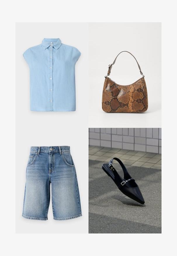 Blaues kurzärmliges Hemd mit Knopfleiste aus Denim-Stoff, klassischem Kragen und vorderer Knopfleiste, mit lockerer Passform und flachem Saum.; Hellblaue Denim-Shorts mit geradem Schnitt, fünf Taschen und bronzefarbenen Beschlägen. Mit fransigem Saum und einer ausgewaschenen Waschung.; Schwarzer Slingback-Flachschuh mit spitz zulaufender Spitze und doppelten Schnallenriemen, ruhend auf grauem Asphalt nahe einer gefliesten Wand.; Kleine Handtasche mit braunem und schwarzem Schlangenledermuster, kurzem verstellbarem Tragegurt und Reißverschluss.
