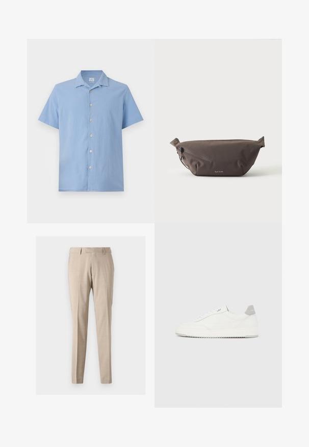 Lyseblå kortærmet skjorte med struktureret stof, spidse kraver og fire knapper, der løber ned ad forsiden. Skræddersyet pasform.; Beige tapered bukser lavet af letvægtsstof, med forreste folder, to sidelommer og en glat tekstur.; Hvid lavtop-sneaker med gråt hælflig, hvide snørebånd og tekstureret sål, vist på en ensfarvet lys baggrund.; Mørkebrun stof talje taske med diagonalt lynlåslomme og lille hvidt logo på fronten, sat mod en ensfarvet lys baggrund.