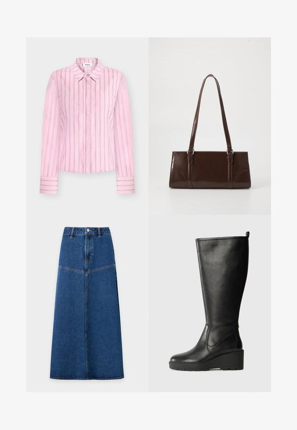 Rosa Langarmhemd mit vertikalen Streifen in Weiß und Blau. Es verfügt über einen klassischen Kragen und eine Knopfleiste sowie Manschetten-Details.; Blauer Denim-Midirock mit Knopfleiste vorne und Nahtdetails, leicht ausgestellt von der Taille bis zum Saum vor weißem Hintergrund.; Schwarze Lederstiefel bis zum Knie mit Keilsohle, glatter Textur, nahtlosem Design und einem kleinen Ziehband oben für einfaches Anziehen.; Braune Lackleder-Handtasche in rechteckiger Form, mit zwei langen Griffen und subtilen, geschwungenen Akzenten auf der Vorderseite.