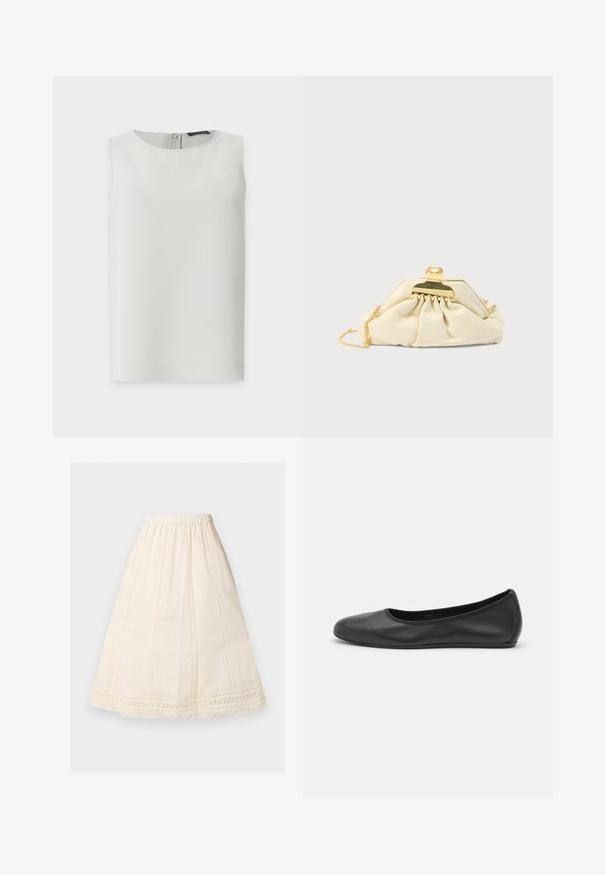 Blouse blanche sans manches avec encolure ronde et fermeture éclair visible dans le dos, présentée sur fond blanc uni.; Jupe midi couleur crème, coupe trapèze, taille élastique, panneaux à points d'œillet verticaux, et bordure en dentelle le long de l'ourlet.; Ballerines en cuir noir avec un bout rond, texture lisse, détails de couture minimalistes et design de semelle flexible.; Pochette couleur crème en matière douce, dotée d'un fermoir doré et d'une bandoulière chaîne, avec un design froncé sur le corps.