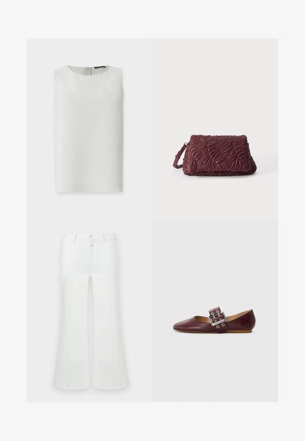 Mouwloze witte blouse met ronde hals en zichtbare ritssluiting op de rug, getoond tegen een effen witte achtergrond.; Witte flared jeans met een hoge taille, gemaakt van denim. Voorzien van een metalen knoop en rits, vijf zakken en een strakke, gladde afwerking.; Bordeaux leren balletflat met puntige neus, brede band met een zilveren gesp en meerdere gaten, platte zool, gladde textuur.; Donkerrode gestructureerde leren clutch met reliëf bladvormen en een verstelbare polsriem op een effen lichte achtergrond.
