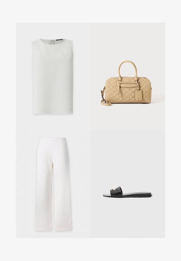 Blouse blanche sans manches avec encolure ronde et fermeture éclair visible dans le dos, présentée sur fond blanc uni.; Pantalon blanc à jambes larges, taille haute et design épuré et minimaliste, présenté sur un fond uni.; Sandales noires à glissière avec un large dessus, texture en cuir lisse, design à bout ouvert et détail doré sur la sangle. Semelle plate.; Sac à main beige Michael Kors avec motif MK embossé, doubles poignées, poche avant zippée et bandoulière amovible sur fond blanc.
