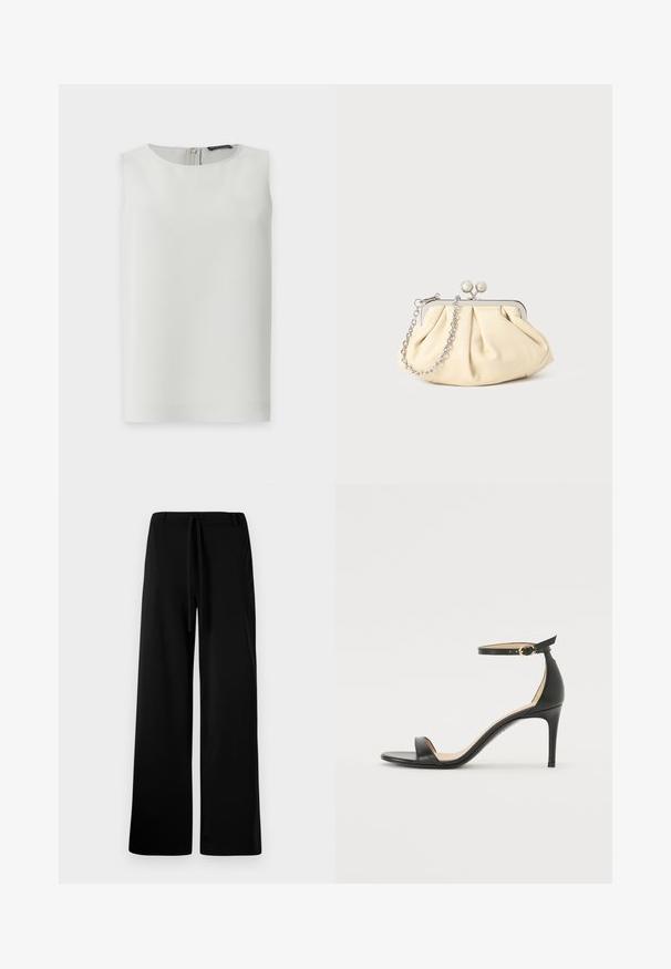 Blusa blanca sin mangas con escote redondo y cremallera visible en la espalda, mostrada sobre un fondo blanco liso.; Pantalones anchos de color negro, fabricados en un tejido suave, con cintura elástica y cordón, textura lisa y sin bolsillos ni estampados visibles.; Sándalo de tacón alto de piel negra con tiras en el tobillo. Presenta una textura suave, puntera abierta y un tacón delgado. Detalles de hebilla en tono dorado.; Clutch de cuero beige plisado con un marco de metal plateado, que cuenta con dos broches decorativos redondos y una correa de cadena plateada.