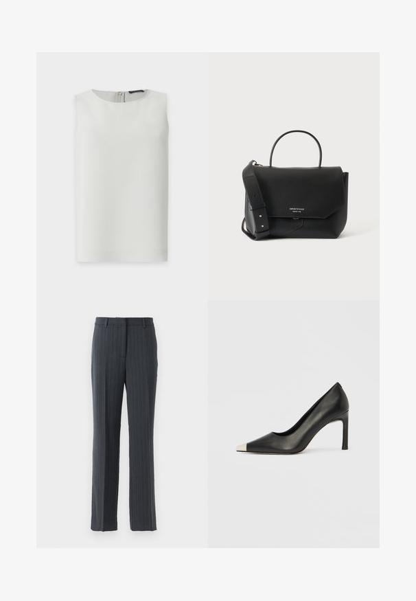 Blusa blanca sin mangas con escote redondo y cremallera visible en la espalda, mostrada sobre un fondo blanco liso.; Pantalones de traje rectos de color gris oscuro con rayas, con trabillas y cierre de cremallera frontal sobre un fondo blanco.; Zapato de tacón alto de cuero negro con punta en forma de pico y una tapa metálica plateada. Presenta un acabado suave y un tacón delgado de 10 cm.; Bolso de mano negro de cuero con cierre de solapa, asa superior única, correa de hombro ancha ajustable y pequeño logo plateado en la parte delantera.
