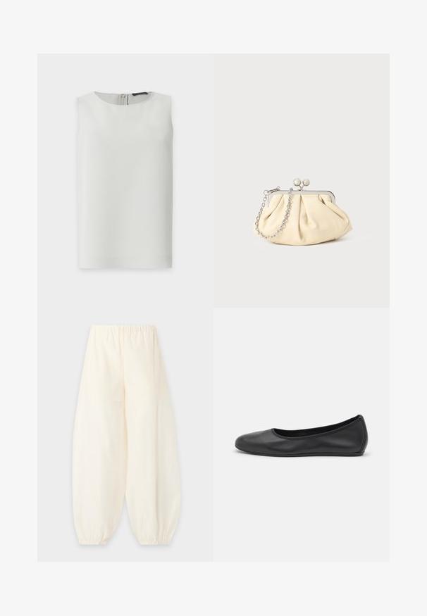 Sleeveless white blouse with a round neckline and a visible back zipper, displayed against a plain white background.; Loose cream-colored pants with an elastic waistband and gathered elastic cuffs at the ankles against a plain background.; Black leather ballet flat with a rounded toe, smooth texture, minimal stitching detail, and a flexible sole design.; Pleated beige leather clutch with a silver metal frame, featuring two round decorative clasps and a silver chain strap.