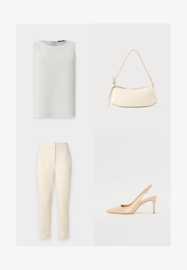 Blusa blanca sin mangas con escote redondo y cremallera visible en la espalda, mostrada sobre un fondo blanco liso.; Pantalones rectos color crema con una cinturilla ajustada y cierre de cremallera frontal oculto, exhibidos sobre un fondo liso.; Tacón slingback de charol nude con punta afilada, empeine abierto y un delgado tacón stiletto. Presenta un acento dorado circular en la correa.; Bolso de hombro de cuero blanco con un diseño curvo, herrajes dorados y un detalle de correa anudada. Textura suave, cierre con cremallera en la parte superior.