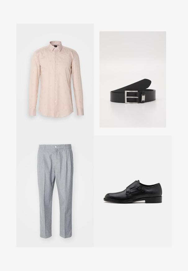 Lichtroze longsleeve shirt met een button-down kraag, subtiel gestreept patroon en geborduurde cirkelmotieven.; Grijze gestreepte broek met een geplooide voorkant, gemaakt van een lichtgewicht stof. Voorzien van een knoopsluiting en een recht model.; Zwarte leren dresschoen met dubbele gespen, slank silhouet en ronde neus. Kenmerkt zich door een lage hak en een gladde textuur.; Zwarte leren riem met een slanke, gladde textuur, voorzien van een zilveren metalen gesp en subtiele brandingdetails.