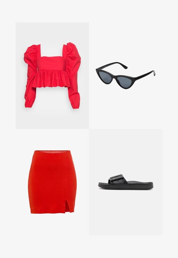 Glamorous SMOCK CROP TOP WITH TIE BACK - Bluse - red; Rød strikket nederdel med en tætsiddende pasform, der har en sideslids og en kant, der sidder lige over midt-lår. Glat tekstur, enkel konstruktion.; Sort sklidesandal med bred rem, justerbart spænde, flad sål og glat mat tekstur. Enkel design uden ekstra mønstre.; Sorte katteøje solbriller med mørkegrå linser, slankt plastisk stel, spidse hjørner og lige stænger. Ingen synlig hardware eller dekorationer.
