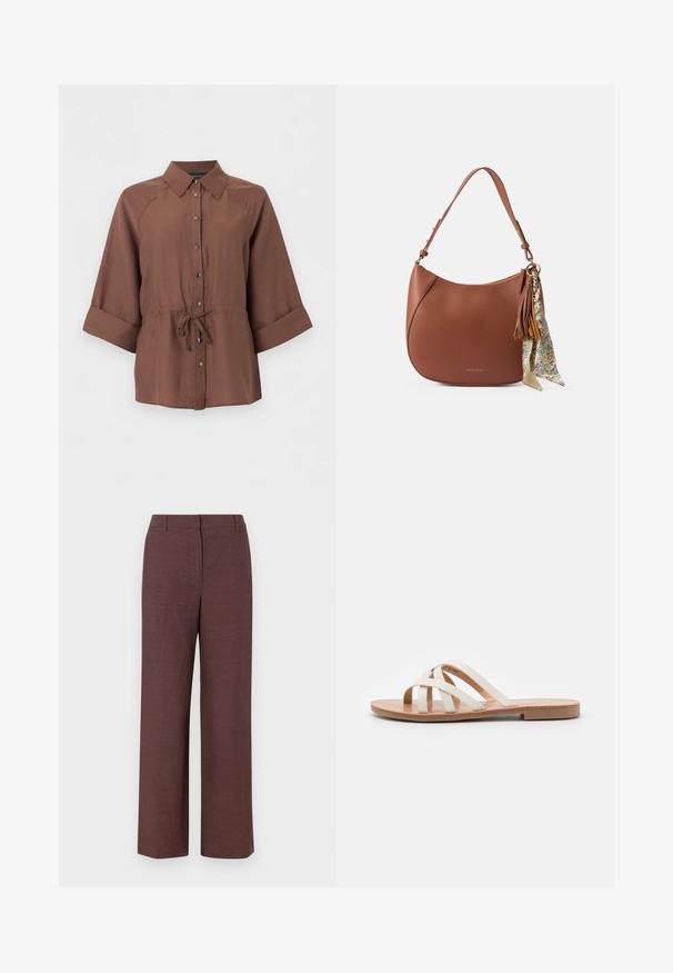 Camisa marrón abotonada con mangas 3/4 y cinturón atado en la cintura, mostrada sobre un fondo blanco liso.; Pantalones de pierna ancha marrones hechos de una tela texturizada con un acabado suave, que cuentan con un frente plano, pasadores para cinturón y bolsillos laterales.; Sandalias planas con correas de cuero blanco, una plantilla de cuero natural y una suela de color marrón claro. Diseño de punta abierta, minimalista y elegante.; Bolso hobo de cuero marrón con textura, de forma curva, acentos dorados y una bufanda decorativa con un patrón floral sujeta al asa.