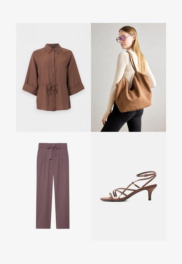 Chemise marron boutonnée avec manches 3/4 et ceinture nouée à la taille, présentée sur un fond blanc uni.; Pantalons larges de couleur prune avec une taille ceinturée, un devant plissé et une texture lisse. Comprend des poches latérales et un design ajusté.; Sandale marron à fines brides, boucle à la cheville et talon de hauteur moyenne, vue de côté sur fond blanc.; Sac fourre-tout en daim marron avec une texture douce, grande ouverture et longues sangles. Présente un design simple avec des coutures visibles et sans matériel.