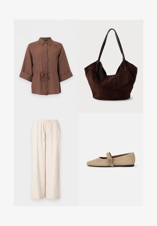 Chemise marron boutonnée avec manches 3/4 et ceinture nouée à la taille, présentée sur un fond blanc uni.; Pantalons large en lin beige avec une taille élastique et des poches avant. Texture lisse, tissu léger, design longueur cheville.; Ballerines en daim beige de style Mary Jane avec un bout pointu et une seule sangle réglable dotée d'une boucle en métal argenté. Semelle plate noire.; Handbag en cuir suédé marron avec une forme douce et souple. Doté de poignées en cuir et d'une étiquette décorative. Texture plain avec des coutures courbes.